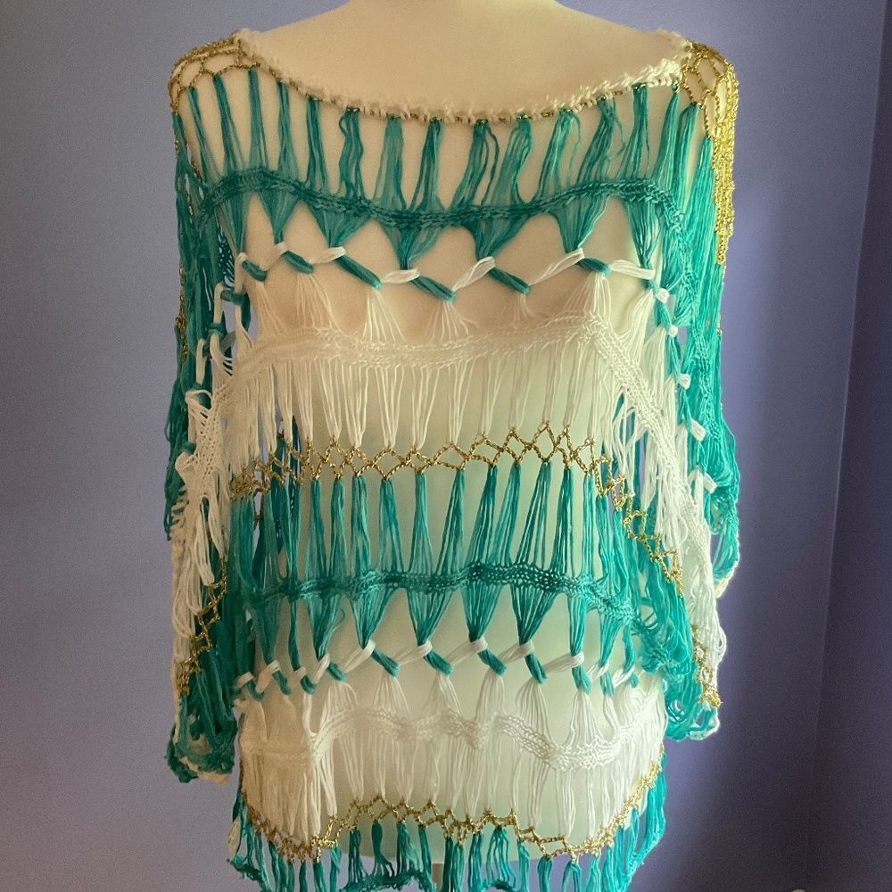 Unique Crochet Cover-up in Teal/White and gold size 1X